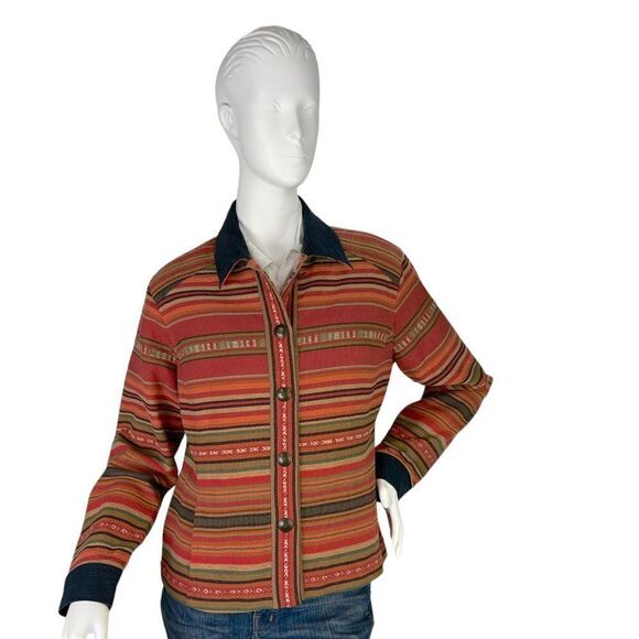 Coldwater Creek Red Orange Saltillo Style Striped Southwestern Jacket Size M - Picture 1 of 10